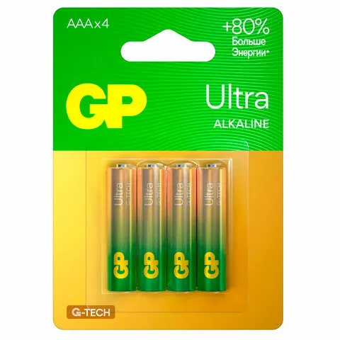 Батарейки КОМПЛЕКТ 4 шт., GP Ultra G-Tech, AAA (LR03, 24А), алкалиновые, мизинчиковые, 24AUA21-2CRSB
