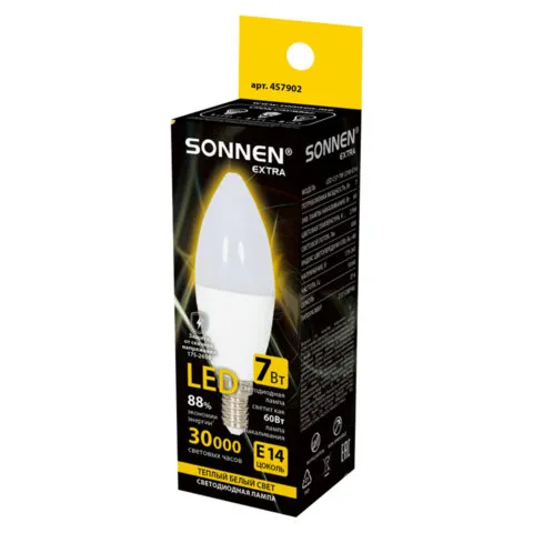 Лампа светодиодная SONNEN EXTRA, 7 (60) Вт, Е14, свеча, теплый белый, 30000 ч, LED C37-7W-2700-Е14, 