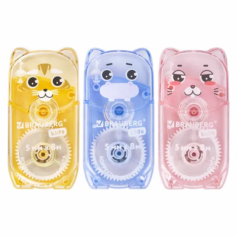 Корректирующая лента BRAUBERG KIDS "ЗВЕРЯТА", 5 мм х 8 м, механизм перемотки, корпус ассорти, блисте