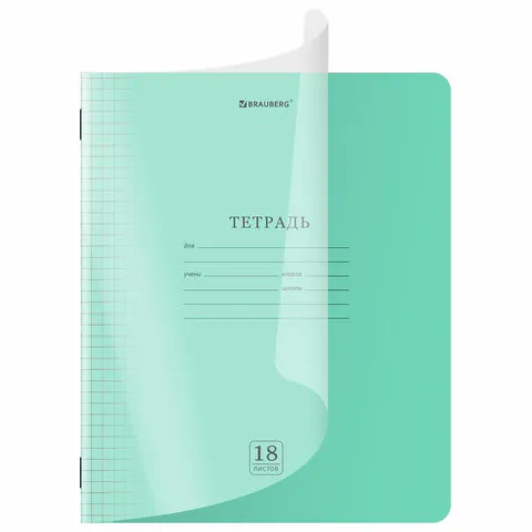 Тетрадь обложка пластик (прозрачный) 18 л., клетка, BRAUBERG "Smart Cover", ЗЕЛЕНАЯ, 405028