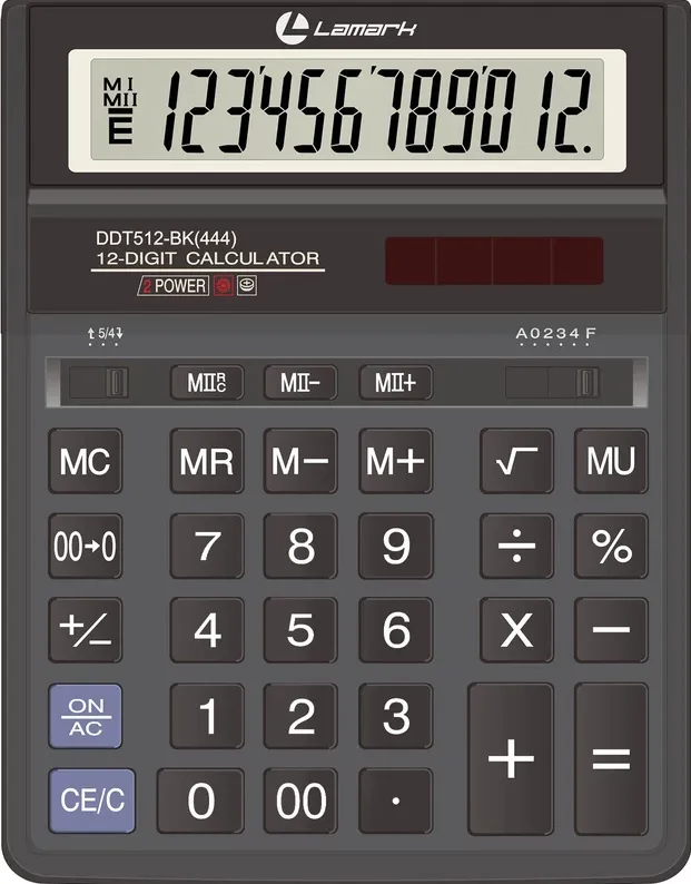 Калькулятор LAMARK 12 разрядов, большой настольный, 203х158х30,5, 2-ое питание, черный, DDT512-BK(44