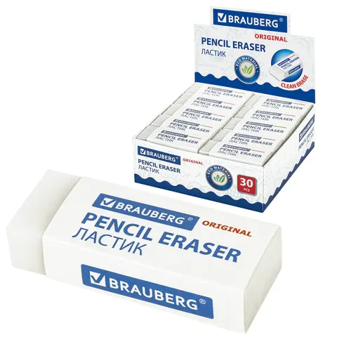 Ластик BRAUBERG EXTRA, 45х17х10 мм, белый, прямоугольный, экологичный ПВХ, картонный держатель, 2280