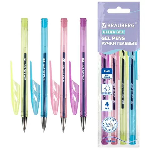 Набор гелевых ручек "BRAUBERG ULTRA GEL PASTEL" 4 шт., СИНИЕ, 0,5 мм,144282
