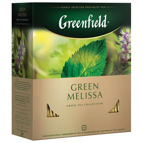 Чай GREENFIELD (Гринфилд) "Green Melissa", зеленый, с мятой, 100 пакетиков в конвертах по 1,5 г, 087