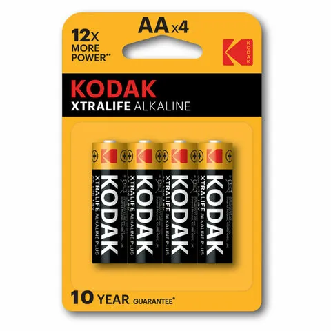 Батарейки алкалиновые "пальчиковые" КОМПЛЕКТ 4 шт., KODAK Xtralife Alkaline, АА (LR6, 24А), блистер,