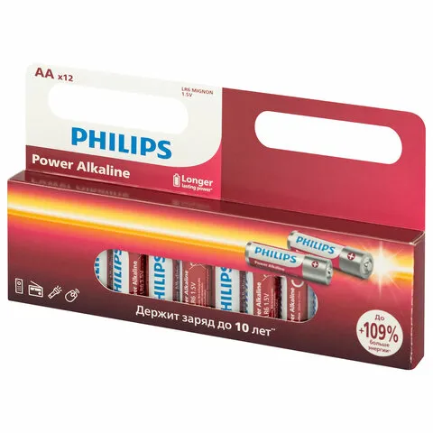 Батарейки алкалиновые "пальчиковые" КОМПЛЕКТ 12 шт., PHILIPS Power Alkaline, АА (LR6, 24А), блистер,