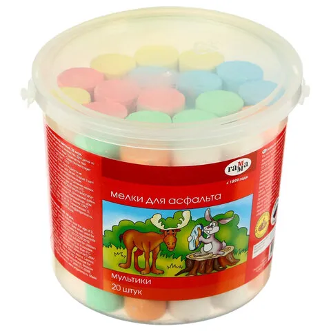 Мелки для асфальта Гамма "Мультики", цветные, 20шт., 6цв., круглые, пластиковое ведро