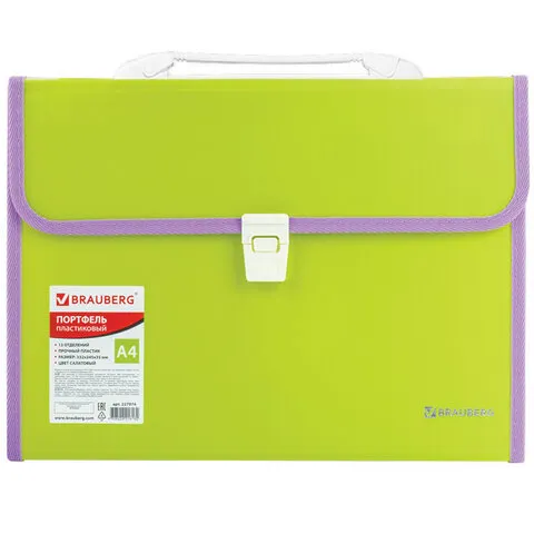 Папка-портфель пластиковая BRAUBERG "JOY", А4 (330х245х35 мм), 13 отделений, с окантовкой, салатовая