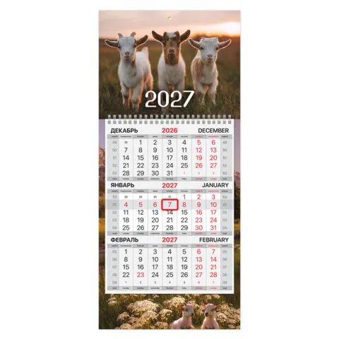 Календарь квартальный 2027 г., 1 блок, 1 гребень, бегунок, МИНИ, офсет, BRAUBERG, "Символ года", 118