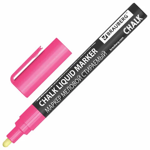 Маркер меловой CHALK LIQUID MARKER, РОЗОВЫЙ, 3 мм, стираемый, BRAUBERG "CHALK", 152586