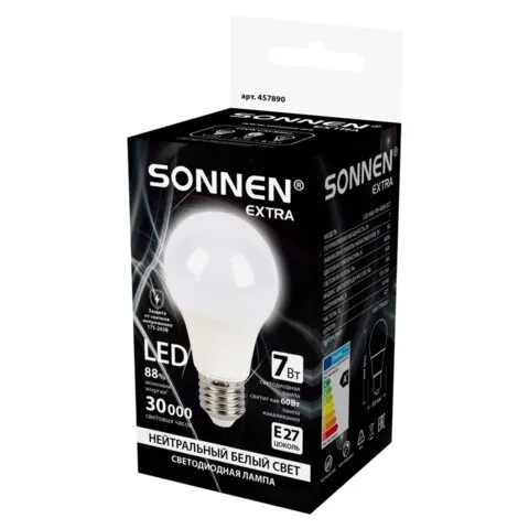 Лампа светодиодная SONNEN EXTRA, 7 (60) Вт, Е27, груша, нейтральный белый, 30000 ч, LED A60-7W-4000-