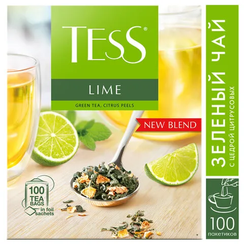 Чай TESS (Тесс) "Lime", зеленый с цедрой цитрусовых, 100 пакетиков по 1,5 г, 0920-09