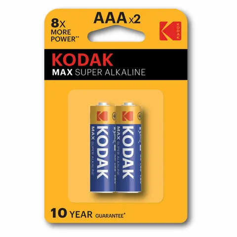 Батарейки алкалиновые "мизинчиковые" КОМПЛЕКТ 2 шт., KODAK Max Super Alkaline, ААА (LR03, 15А), блис