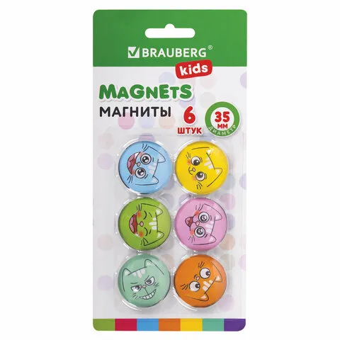 Магниты стеклянные 35 мм, НАБОР 6 шт., "3D-Коты", BRAUBERG KIDS, круглые, блистер, 272516