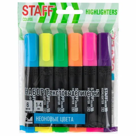 Набор текстовыделителей 6 НЕОНОВЫХ ЦВЕТОВ, АССОРТИ, STAFF College "STICK NEON", линия письма 1-4 мм,