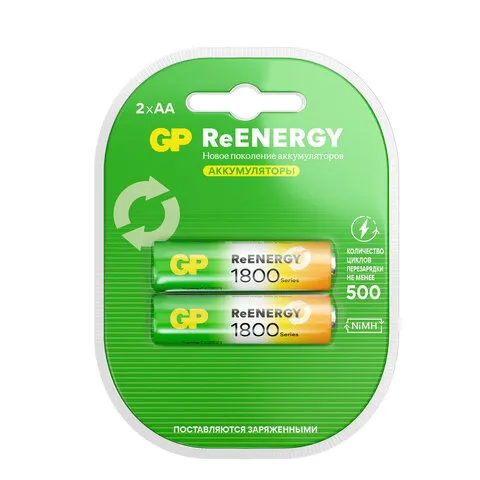 Батарейки аккумуляторные GP ReEnergy Ni-Mh пальчиковые КОМПЛЕКТ 2 шт., AA (HR6), 1800 mAh, 180AAHCRG