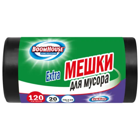 Мешки для мусора 120 л, черные в рулоне 20 штук прочные, ПВД 35 мкм, 70x110 см, серия Extra, BOOMHOU