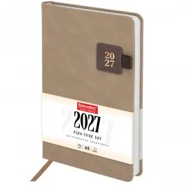 Ежедневник датированный 2027, А5, 138х213 мм, BRAUBERG "Accent", бежевый/коричневый, под кожу,118003