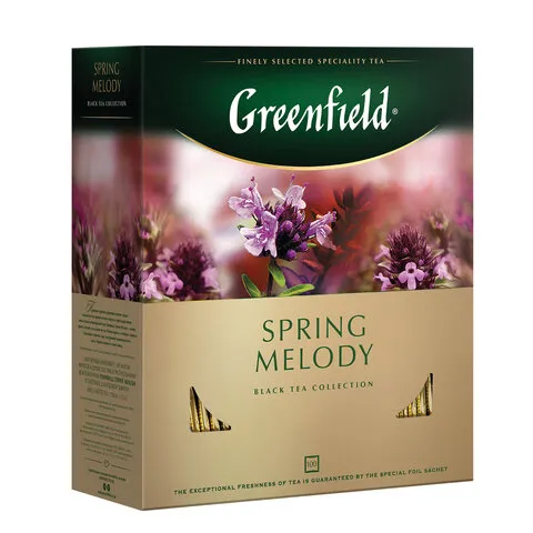 Чай GREENFIELD (Гринфилд) "Spring Melody" ("Мелодия весны"), черный с чабрецом, 100 пакетиков в конв