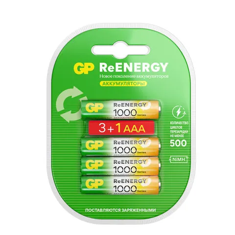 Батарейки аккумуляторные GP ReEnergy Ni-Mh КОМПЛЕКТ 4 шт. (ПРОМО 3+1), ААА (HR03), 950 mAh, 100AAAHC