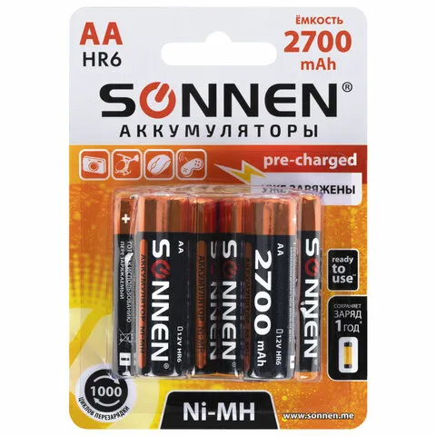 Батарейки аккумуляторные КОМПЛЕКТ 6 шт., АА (HR6), 2700 mAh, SONNEN Ni-Mh, в блистере, 455608