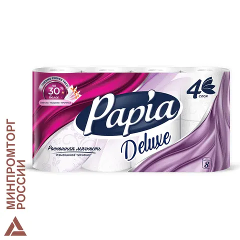 Бумага туалетная бытовая, спайка 8 шт., 4-слойная (8х16 м), PAPIA DELUXE, белая, 5062173