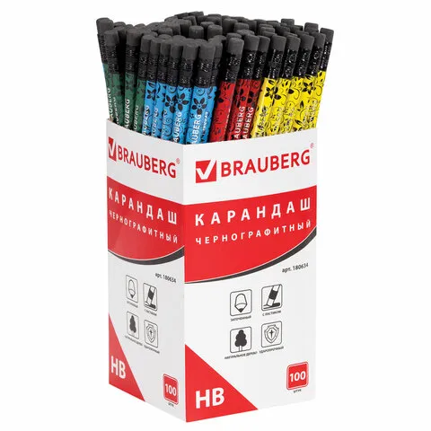 Карандаш чернографитный BRAUBERG, 1 шт., "Fuete", НВ, черное дерево, c резинкой, корпус ассорти, зат