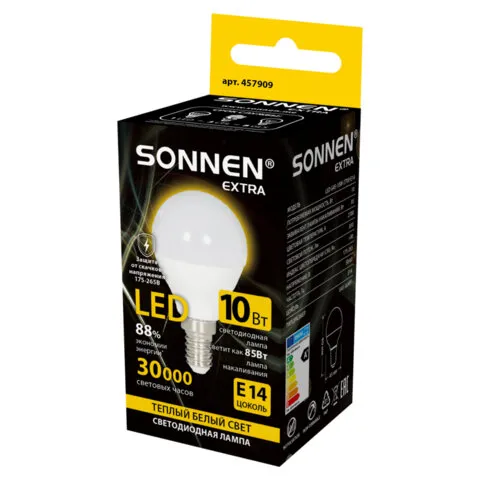 Лампа светодиодная SONNEN EXTRA, 10 (85) Вт, E14, шар, теплый белый, 30000 ч, LED G45-10W-2700-Е14, 
