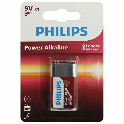 Батарейка алкалиновая 1 шт. PHILIPS Power Alkaline, Крона 9V (6LR61, 6LF22, 1604A), блистер, Б006271