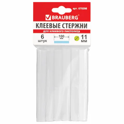 Клеевые стержни, диаметр 11 мм, длина 100 мм, белые, набор 6 штук, BRAUBERG, европодвес, 670298
