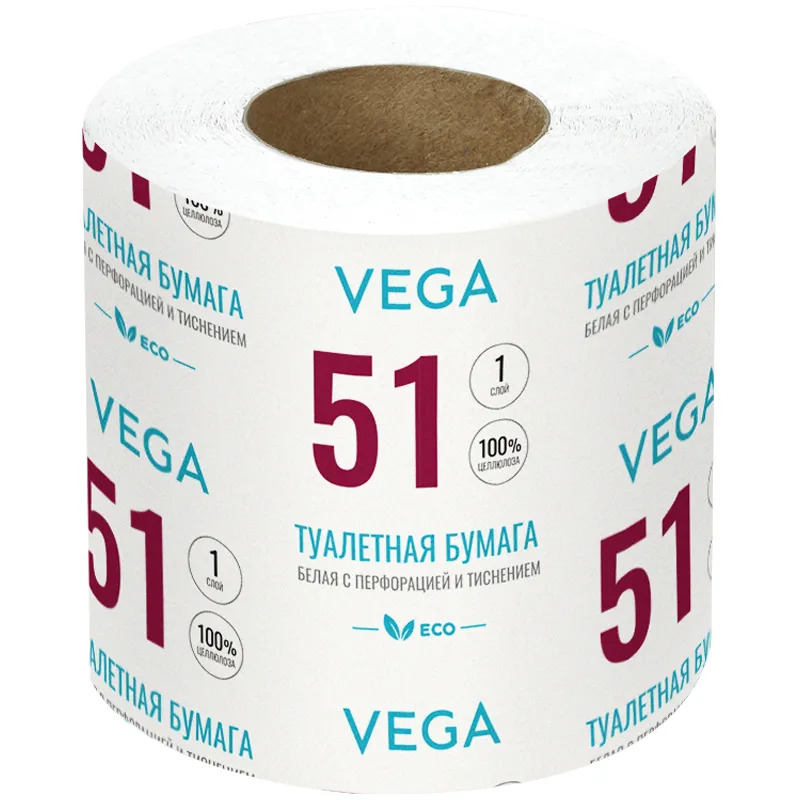 Бумага туалетная Vega, 1-слойная, 51 м/рул., на втулке, с перф, с тиснением, белая