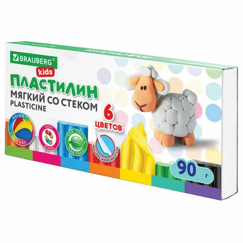 Пластилин мягкий восковой BRAUBERG "KIDS", 6 цветов, 90 г, со стеком, 106493