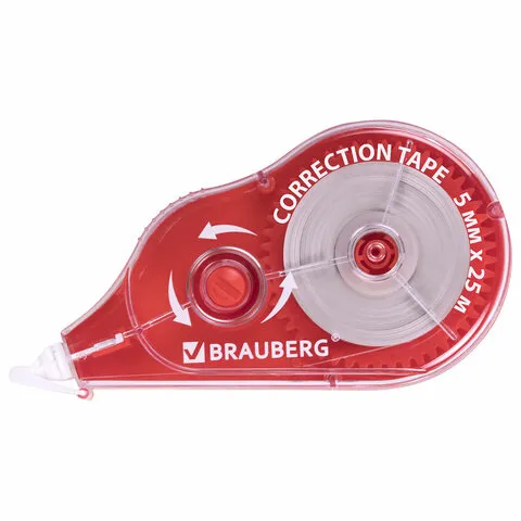 Корректирующая лента BRAUBERG MAXI PLUS, 5 мм х 25 м, механизм перемотки, корпус красный, блистер, 2