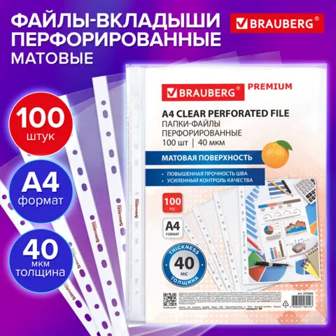 Папки-файлы перфорированные А4 BRAUBERG "PREMIUM", набор 100 шт., матовые, 40 мкм, 273008