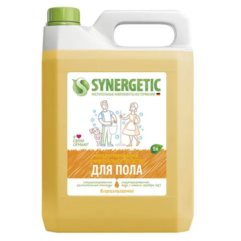 Средство для мытья пола и поверхностей 5 л SYNERGETIC, c дезинфицирующим эффектом, биоразлагаемое, 1
