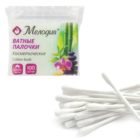 Ватные палочки 100 шт., МЕЛОДИЯ, полиэтиленовый пакет, 128854