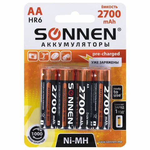 Батарейки аккумуляторные КОМПЛЕКТ 4 шт., АА (HR6), 2700 mAh, SONNEN Ni-Mh, в блистере, 455607
