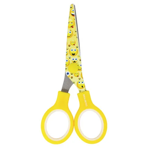 Ножницы BRAUBERG "Kid Series", 130 мм, с цветной печатью "Смайлики", жёлто-белые, 232274