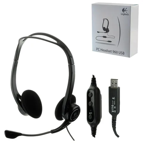 Наушники с микрофоном (гарнитура) LOGITECH PC 960, проводная, компьютерная, 2,4 м, стерео, USB, черн