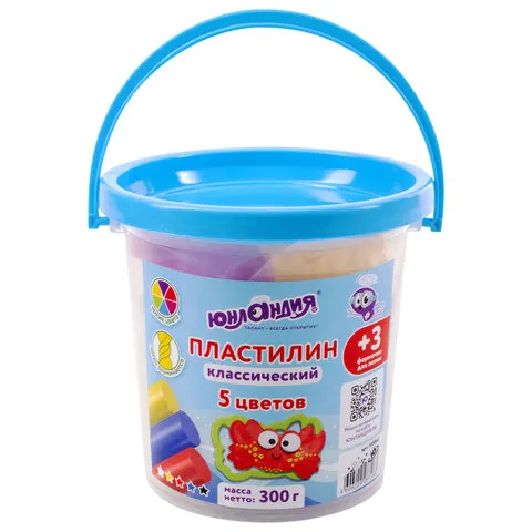 Пластилин в ведерке ЮНЛАНДИЯ, 5 цветов, 300 г, 3 формочки, ВЫСШЕЕ КАЧЕСТВО, 105860