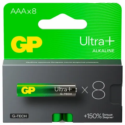 Батарейки КОМПЛЕКТ 8 шт., GP Ultra Plus G-Tech, AAA (LR03), алкалиновые, мизинчиковые, 24AUPA21-2CRB