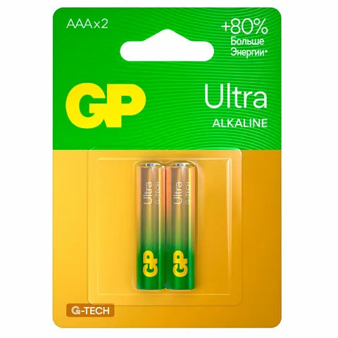 Батарейки КОМПЛЕКТ 2 шт., GP Ultra G-Tech, AAA (LR03, 24А), алкалиновые, мизинчиковые, 24AUA21-2CRSB