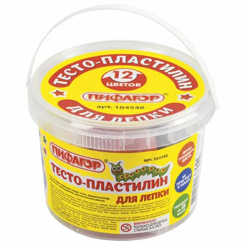 Пластилин на растительной основе (тесто для лепки) ПИФАГОР, 12 цветов, 360 г, пластиковое ведро, 104