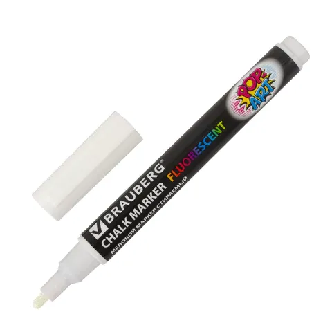 Маркер меловой BRAUBERG "POP-ART", сухостираемый, для гладких поверхностей, 3,5 мм, БЕЛЫЙ, 151519