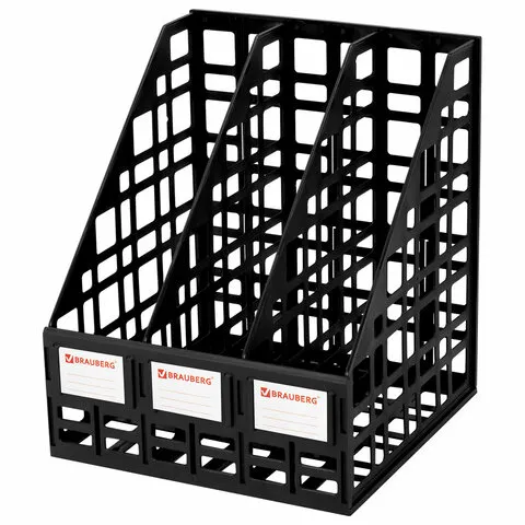 Лоток вертикальный для бумаг BRAUBERG "ULTRA", 240 мм, 3 отделения, сетчатый, сборный, черный, 23824
