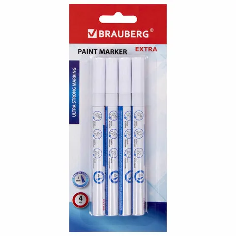Маркер-краска лаковый EXTRA (paint marker) 2 мм, БЕЛЫЕ, НАБОР 4 шт., BRAUBERG, 151995