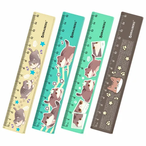 Линейка пластиковая 15 см BRAUBERG "CUTE CATS", с принтом, ассорти, 210865