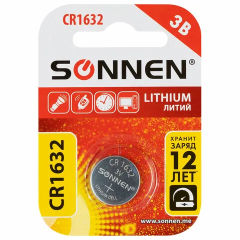 Батарейка литиевая SONNEN Lithium CR1632, "таблетка, дисковая, кнопочная", 1 шт., блистер, 457138