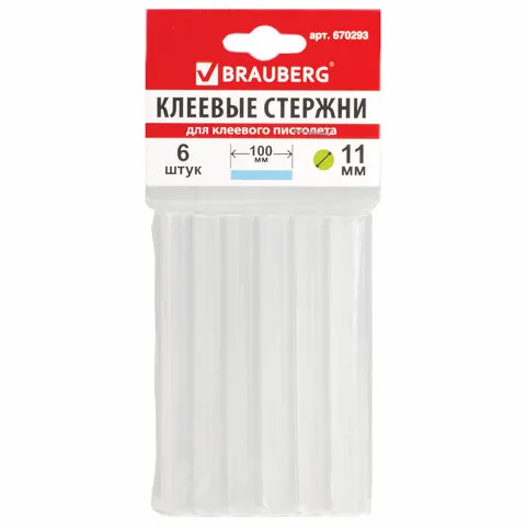 Клеевые стержни, диаметр 11 мм, длина 100 мм, прозрачные, набор 6 шт., BRAUBERG, европодвес, 6702