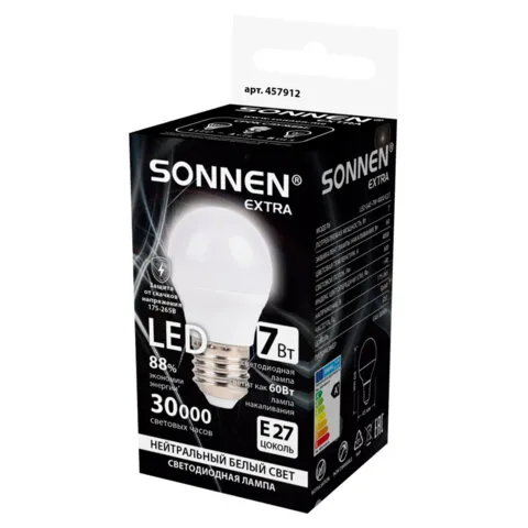 Лампа светодиодная SONNEN EXTRA, 7 (60) Вт, E27, шар, нейтральный белый, 30000 ч, LED G45-7W-4000-Е2
